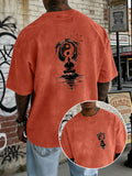 Washed and Distressed Pure Cotton Short-sleeve T-shirt with Trendy Double-sided Print Featuring Tai Chi, Zen, and Meditating Ink Wash Art. Available in 12 Colors for Mix-and-match Styling. Loose-fit Men's Top in High Street Y2K Style - Orange
