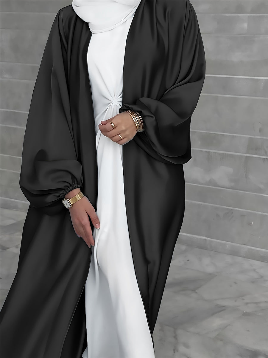 Cross-Border Muslim Women's Satin Bubble Sleeve Robe, Elegant Dubai Middle East Cardigan - Black