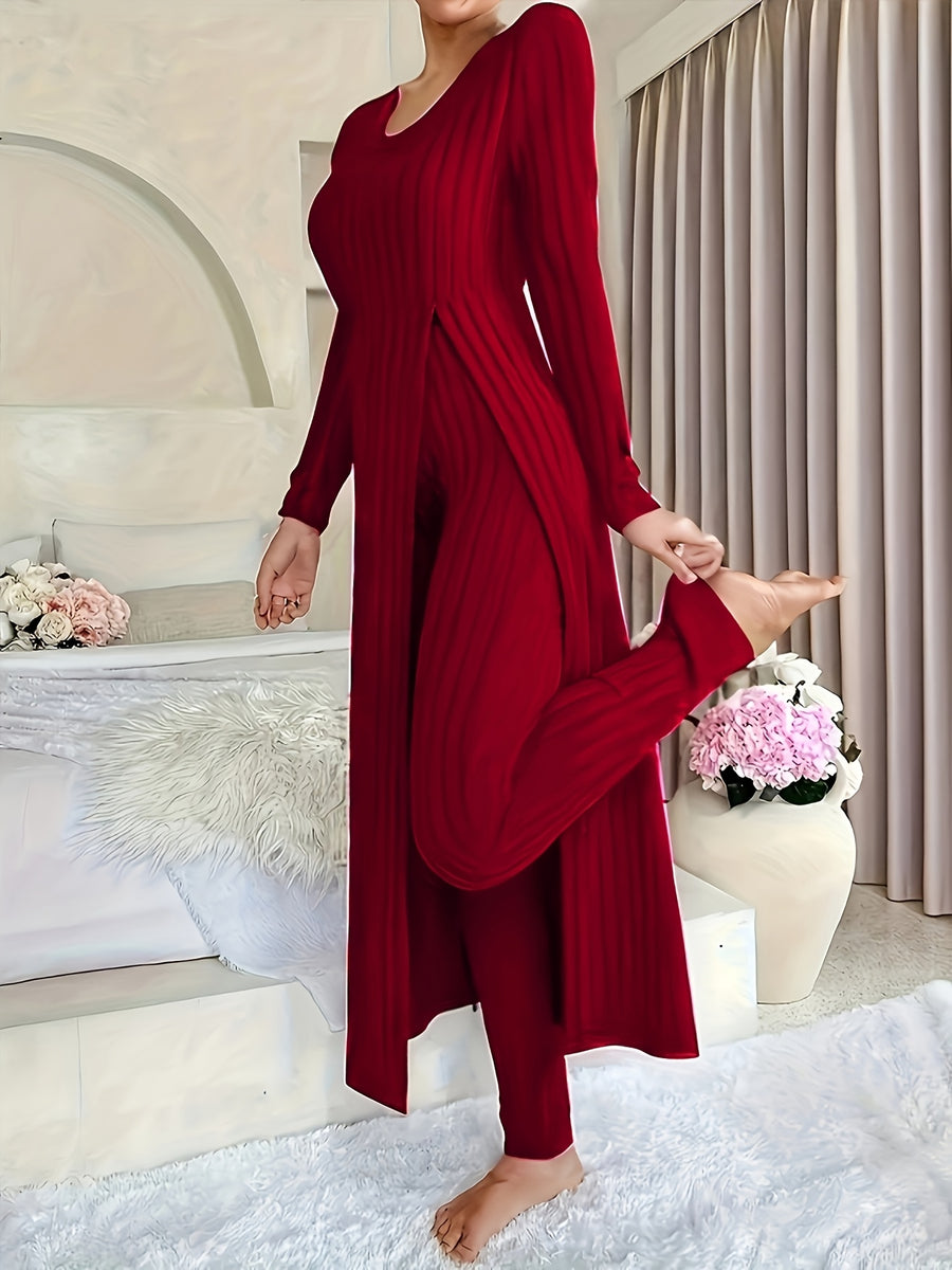 Autumn-Winter Casual Robe and Long Pants Set, High Slit Dress Set, Hair Needle Material, Suitable for Daily Wear, Home Casual Wear - Brick Red
