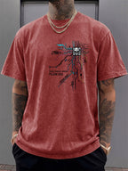 Men's Short-Sleeve T-Shirt, Pure Cotton, Loose Fit, Washed Distressed Circuit Board Skull Graffiti Print, Trendy Reversible Double-Sided Print, 12 Colors for  Mix & Match, American Streetwear High Street Hip-Hop Top, for Daily Outings - Burgundy