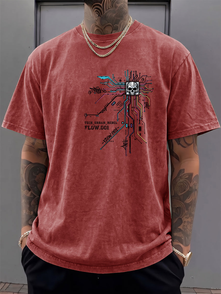 Men's Short-Sleeve T-Shirt, Pure Cotton, Loose Fit, Washed Distressed Circuit Board Skull Graffiti Print, Trendy Reversible Double-Sided Print, 12 Colors for  Mix & Match, American Streetwear High Street Hip-Hop Top, for Daily Outings - Burgundy