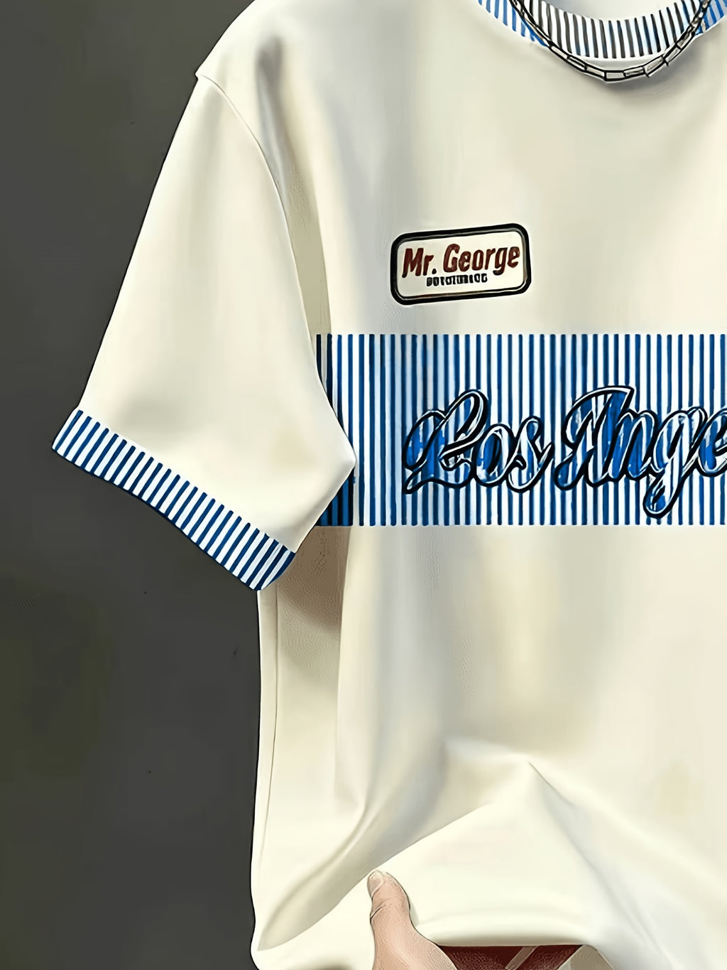 Men'S Casual Round Neck T-Shirt, Striped Element Design with "Los Angeles" Letter Pattern, Drapey Fashion Top, All-Season Wear, Breathable Regular Fit for Casual And Formal Outfits - Round Neck Casual Shirt, Comfortable Wear - 【Light Yellow】