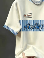 Men'S Casual Round Neck T-Shirt, Striped Element Design with "Los Angeles" Letter Pattern, Drapey Fashion Top, All-Season Wear, Breathable Regular Fit for Casual And Formal Outfits - Round Neck Casual Shirt, Comfortable Wear - 【Light Yellow】