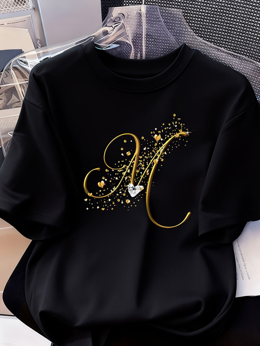 Women's Casual Short Sleeved T-shirt - M Letter Pattern Print, Regular Round Neck Top, Suitable for All Seasons, Women's Clothing - Black