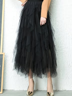 Chic Elegance, Elegant High-Waist A-Line Tulle Skirt for Women - Chic Korean-Style Spring Collection, Sheer Brown Polyester with Delicate Mesh Layers, Perfect for Summer Skirt - Black