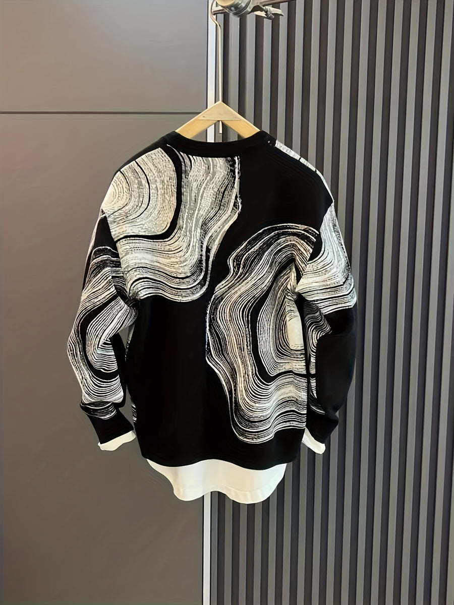 Temujin OBM Men's Fashion Trendy New Creative Jacquard Round Neck Knit Long Sleeve Pullover Sweater - Black