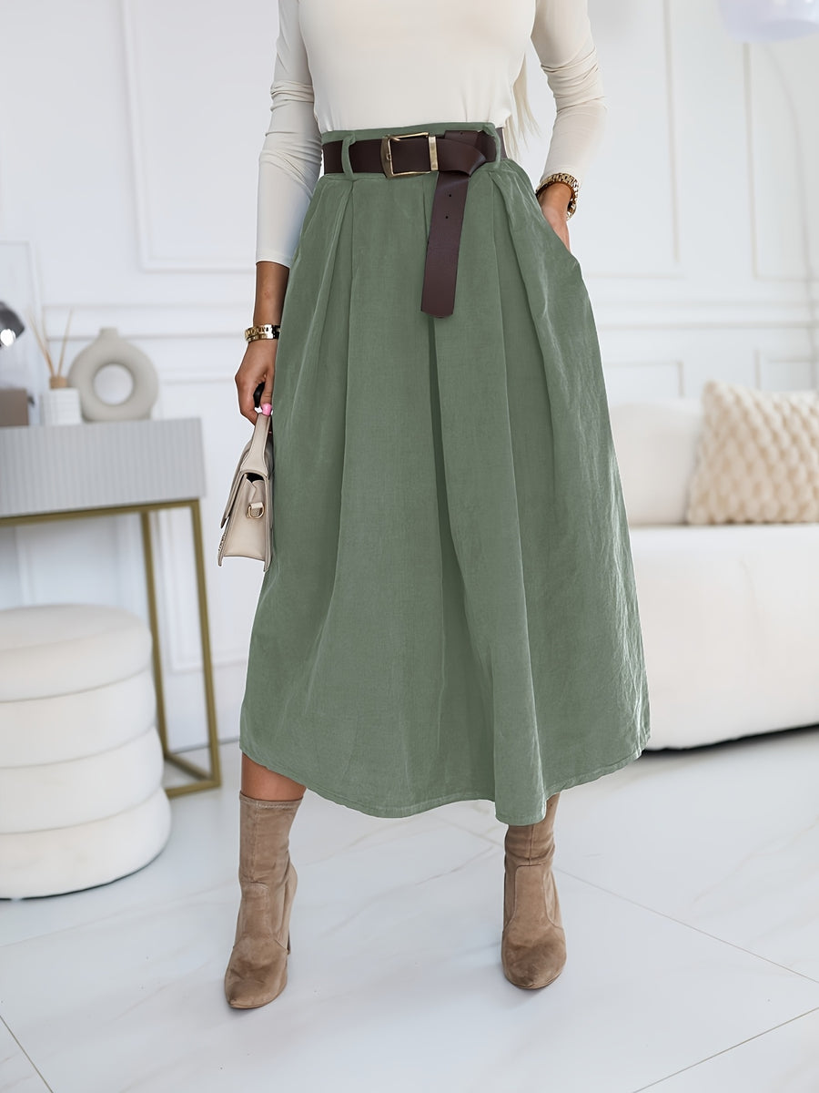 YY0824062 + Lingshan Directional + Women'S Spring And Autumn Elegant Retro A-Line High Waist Oblique Pocket Pleated Skirt, Elastic Waist, Commuting Versatile Mid-Length Umbrella Skirt - Green