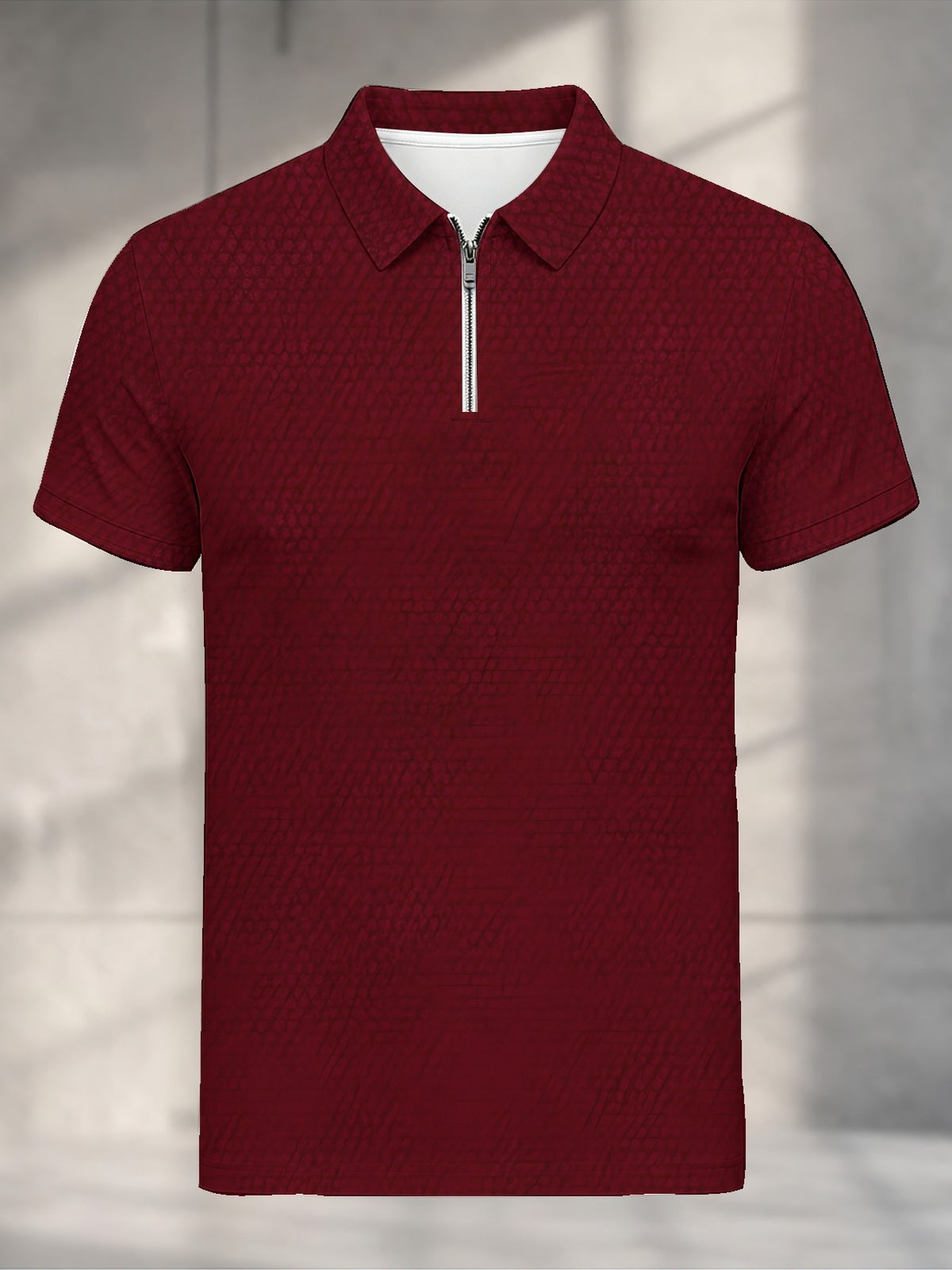 [Printed Design - Not Textured] Men'S Short Sleeve Zip Polo Shirt, Burgundy Abstract Dark Texture, Digital Print, Zip Placket, Polo Collar, Polyester, Casual, Daily Commute Weekend Leisure, Summer - Mixed colors