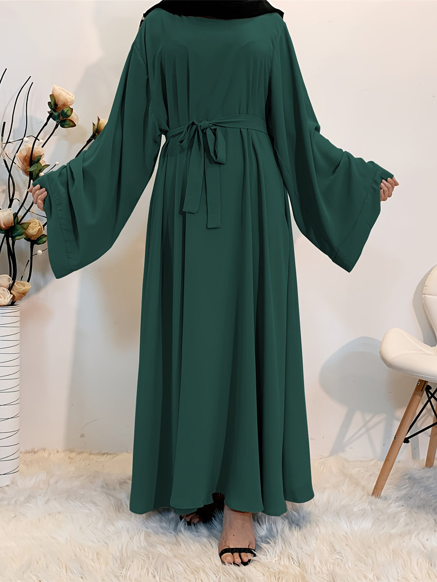 1pc Fashionable, Elegant, Comfortable, and Casual Wide-sleeved Abaya with Belt. Solid Color Suitable for Daily Wear. Loose and Comfortable Women's Abaya Dress. Ferace Tesettür Clothing, Women's Abayas for Muslim Women, Islamic Wear for Women - Dark Green