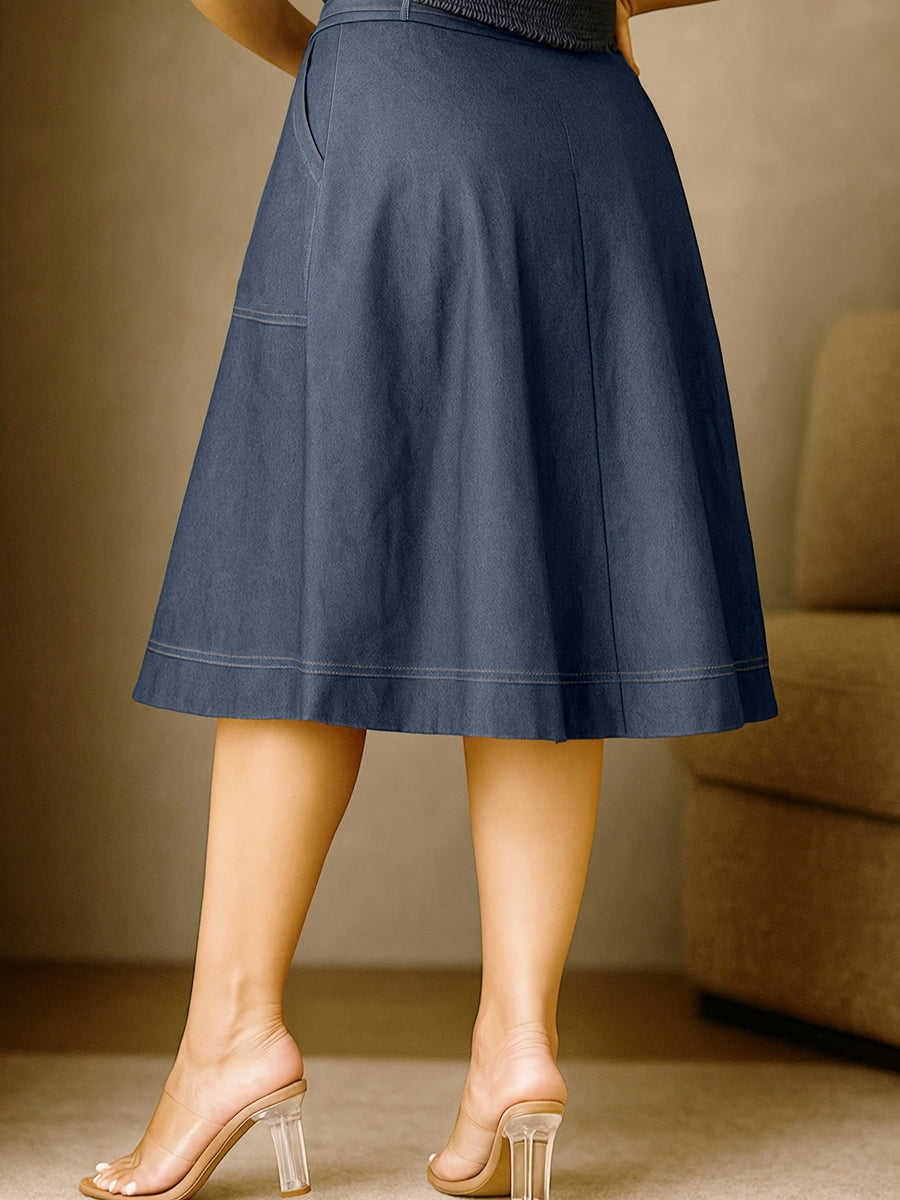 Women'S Fashion Commuter Versatile A-Line Midi Skirt, High-Waist Tie-Front Button-Up Skirt with Pockets - Blue