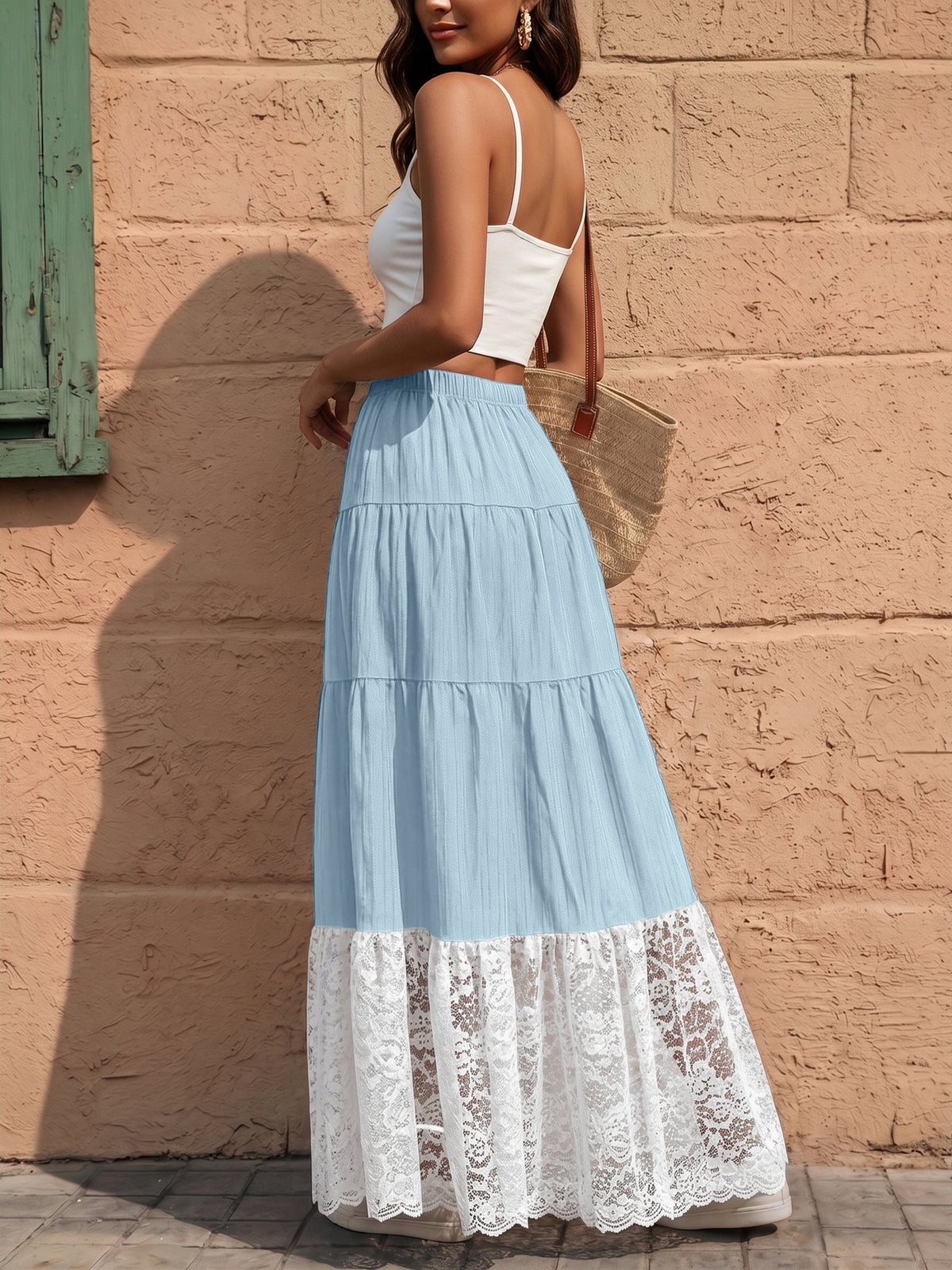 Spring/Summer Solid-Color Drawstring-Detail Cake-Style Long Skirt with Lace Panel Design Perfect for Vacations Casual Wear and Commuting - Sky Blue