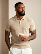 Men's Mature Business Style Knit Polo Shirt, 100% Pure Fabric, Breathable and Skin-friendly. Honeycomb Texture Jacquard Design, Simple Solid Color, Paired with a Three-button Lapel Collar, Clean Cut for a Flattering Fit. Suitable for Summer Commuting - Khaki