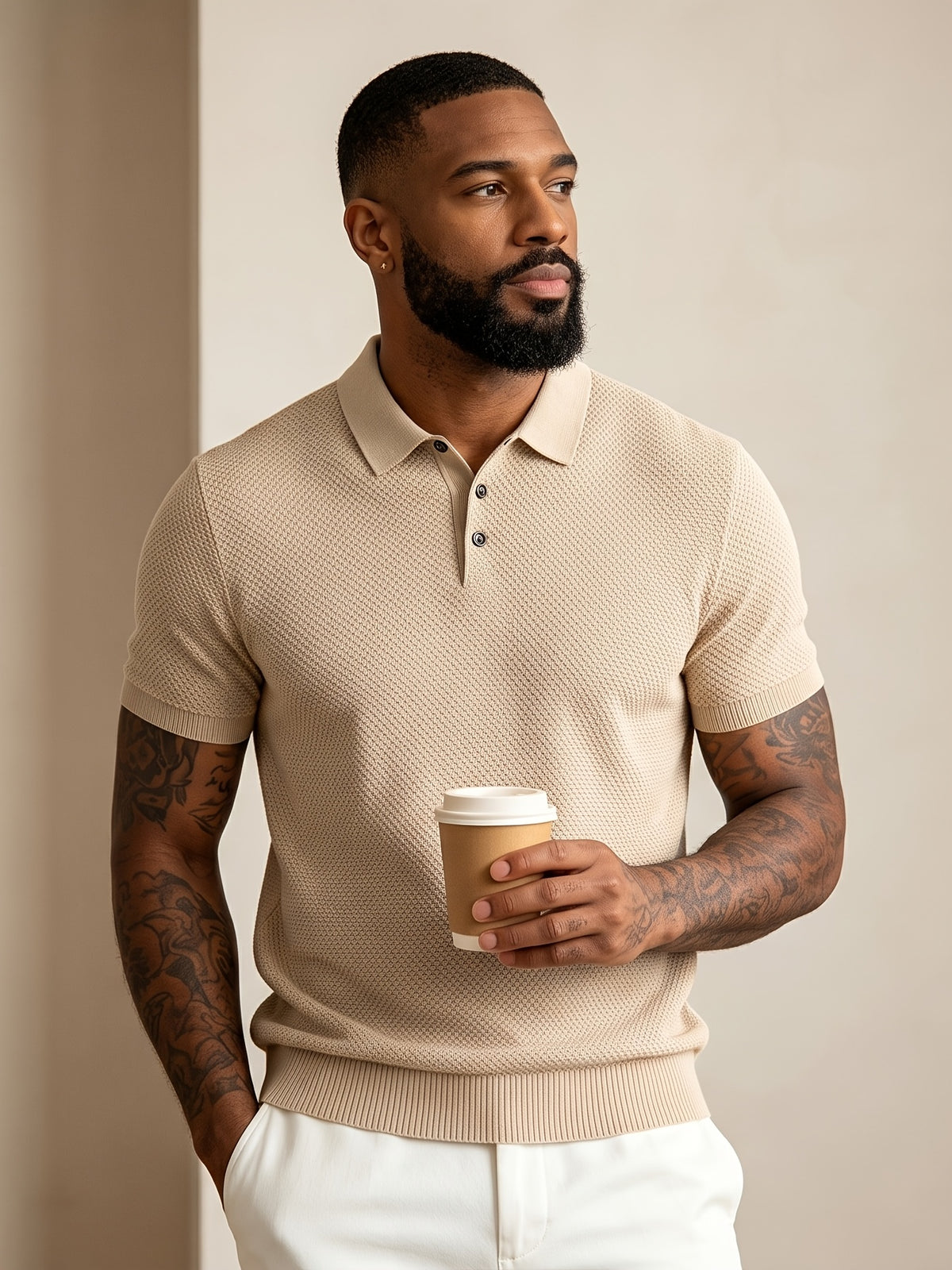 Men's Mature Business Style Knit Polo Shirt, 100% Pure Fabric, Breathable and Skin-friendly. Honeycomb Texture Jacquard Design, Simple Solid Color, Paired with a Three-button Lapel Collar, Clean Cut for a Flattering Fit. Suitable for Summer Commuting - Khaki