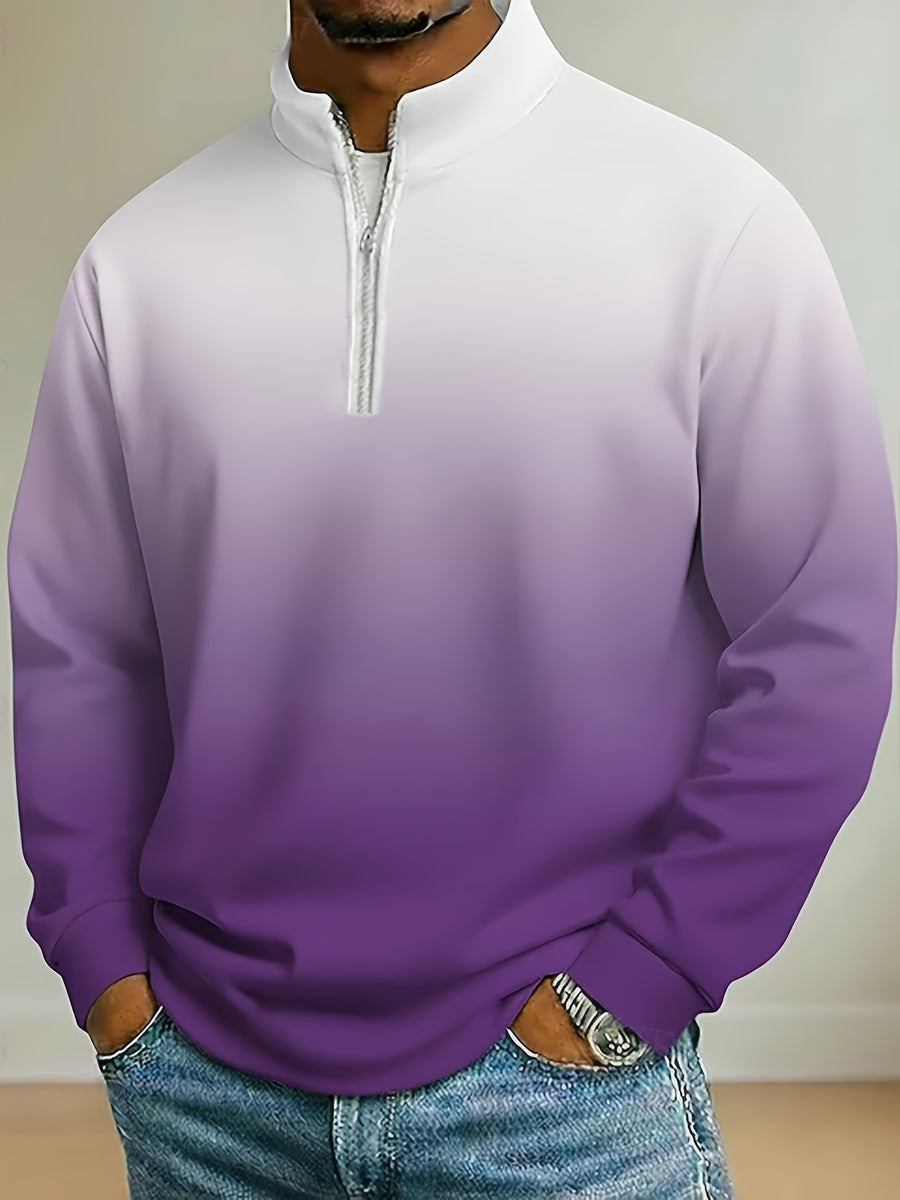 Men's Half-Zip Stand Collar Gradient Print Sweatshirt, Single Pc, Spring/Autumn Casual Pullover Top, Loose Drop-Shoulder Fit, Ribbed Cuffs and Hem, Comfortable Skin-Friendly Fabric, Trendy Gradient Color Pattern, American Casual Style, Plus Sizes - White On Top And Purple On Bottom