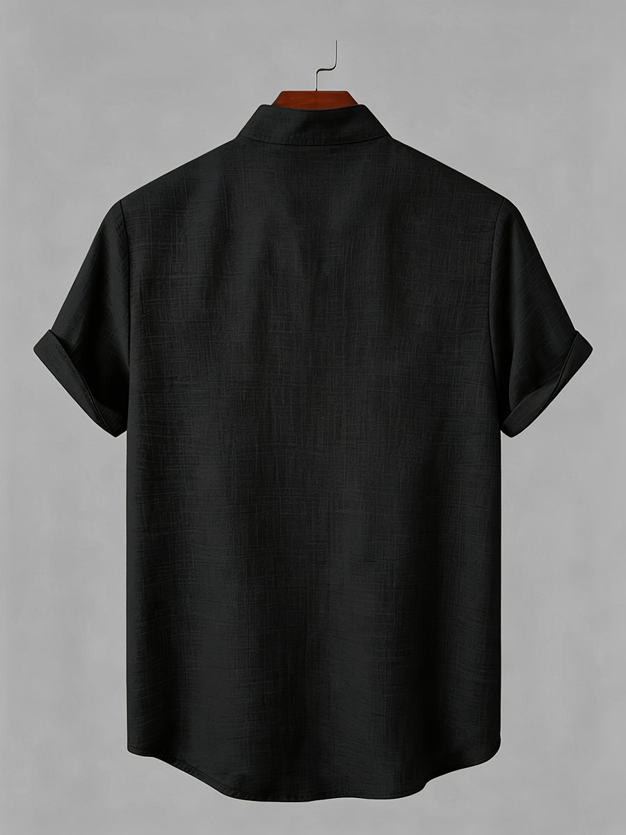 New Summer Men's Stand Collar Short-Sleeve Shirt, 100% Pure Cotton Bohemian Style Embroidered Pattern Casual Shirt, Comfortable and Breathable Fabric, Versatile Daily Top, an Excellent Choice for Home, Outings, Travel, and Beach Vacations - Black