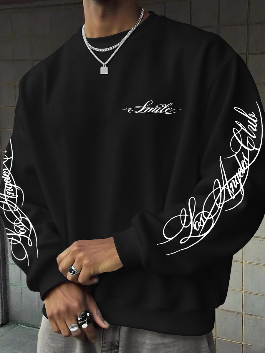 Men's Street-Style Cool Fashion Crewneck Sweatshirt with Smooth Handwritten Font Print, for Daily Casual Trendy Wear - Black