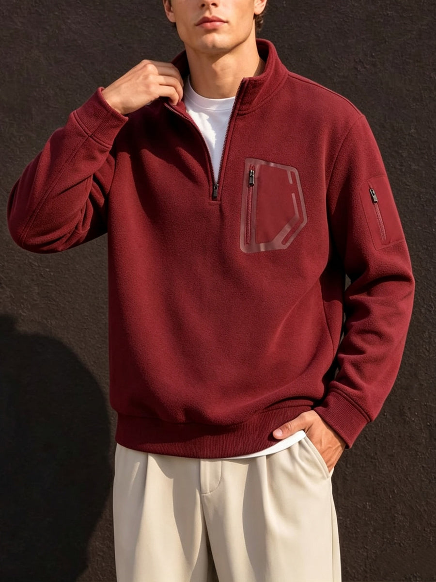 Men's Half-Zip Stand Collar Sweatshirt, Suitable for Daily Commuting, Urban Outings, Outdoor Walks, Short Hikes, Home Leisure, Etc., for Autumn and Winter - Red
