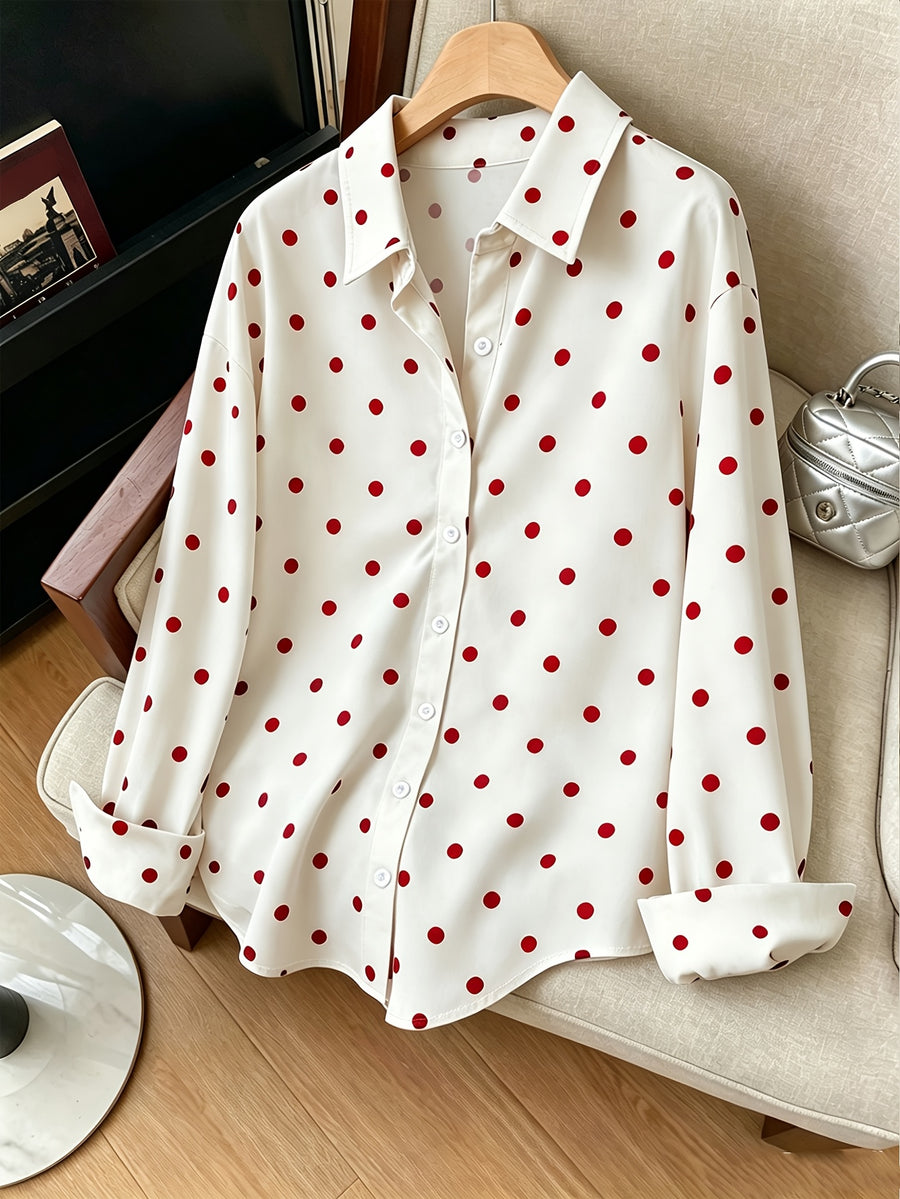Women'S Y2K Retro Casual Loose Long Sleeve Button-Up Polka Dot Printed Lapel Shirt, Elegant Vintage Casual Style Suitable for Outdoor Leisure Walking Shopping Wear ZD260604061 - White