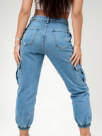 Women's Stretch Vintage Versatile Casual Fashionable Elegant Mid-Waist Machine Washable Durable Multi-Functional Loose Fit Multi-Pocket Cuffed Cropped Cargo Jeans Street Style - Bright Steel Blue