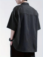 Men's Summer Striped Short-Sleeve Shirt, Loose Fit, Thin Spring/Autumn Casual Premium Shirt, Read-to-Wear Wrinkle-Free 2024 Short Top - Black