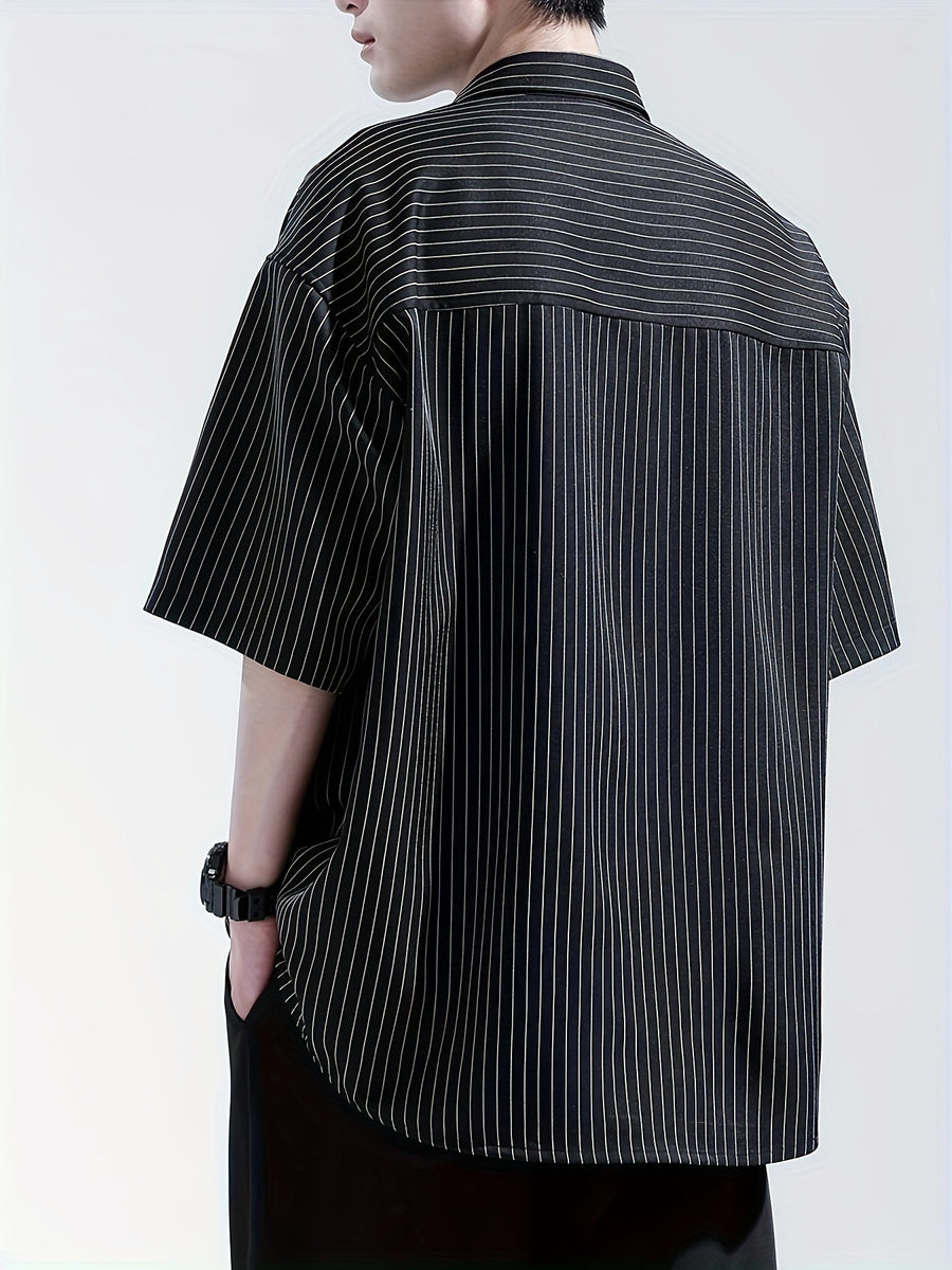 Men's Summer Striped Short-Sleeve Shirt, Loose Fit, Thin Spring/Autumn Casual Premium Shirt, Read-to-Wear Wrinkle-Free 2024 Short Top - Black