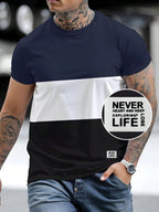 180g 100% Men's Three-Color Patchwork Short-Sleeve Top, Positioning Badge "NEVER LIFE": Summer All-Season Base Layer, Factory-Made for Men, Comfortable, High-Quality, High-Fit Rate, Casual Sportswear - Mixed colors