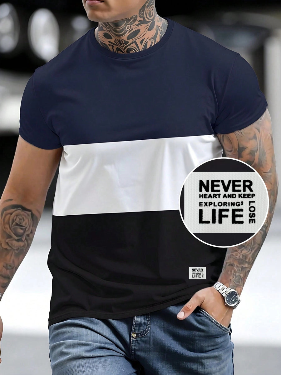 180g 100% Men's Three-Color Patchwork Short-Sleeve Top, Positioning Badge "NEVER LIFE": Summer All-Season Base Layer, Factory-Made for Men, Comfortable, High-Quality, High-Fit Rate, Casual Sportswear - Mixed colors