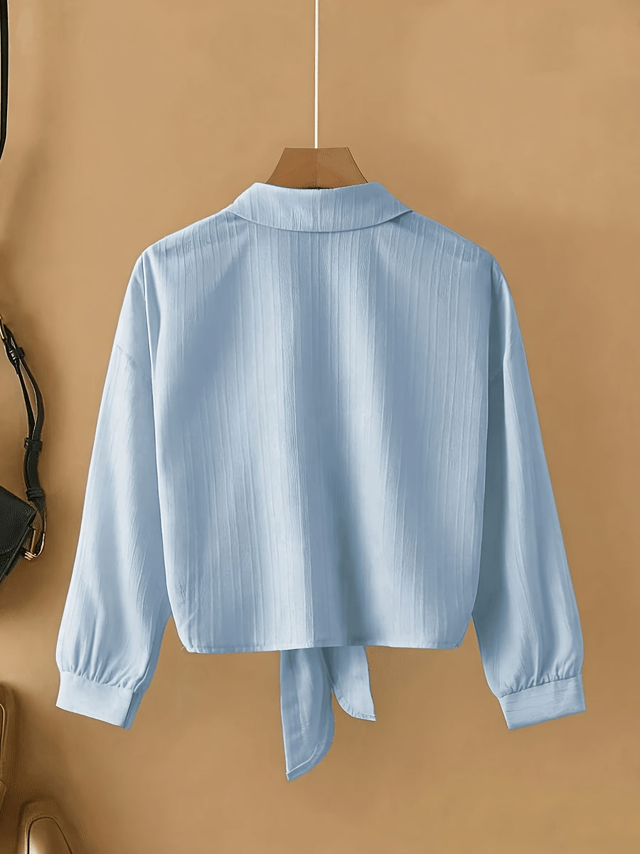 New Summer Style Casual Loose-Fit Long-Sleeve Lapel Shirt, Fashionable and Versatile with Tie Hem - Light Blue