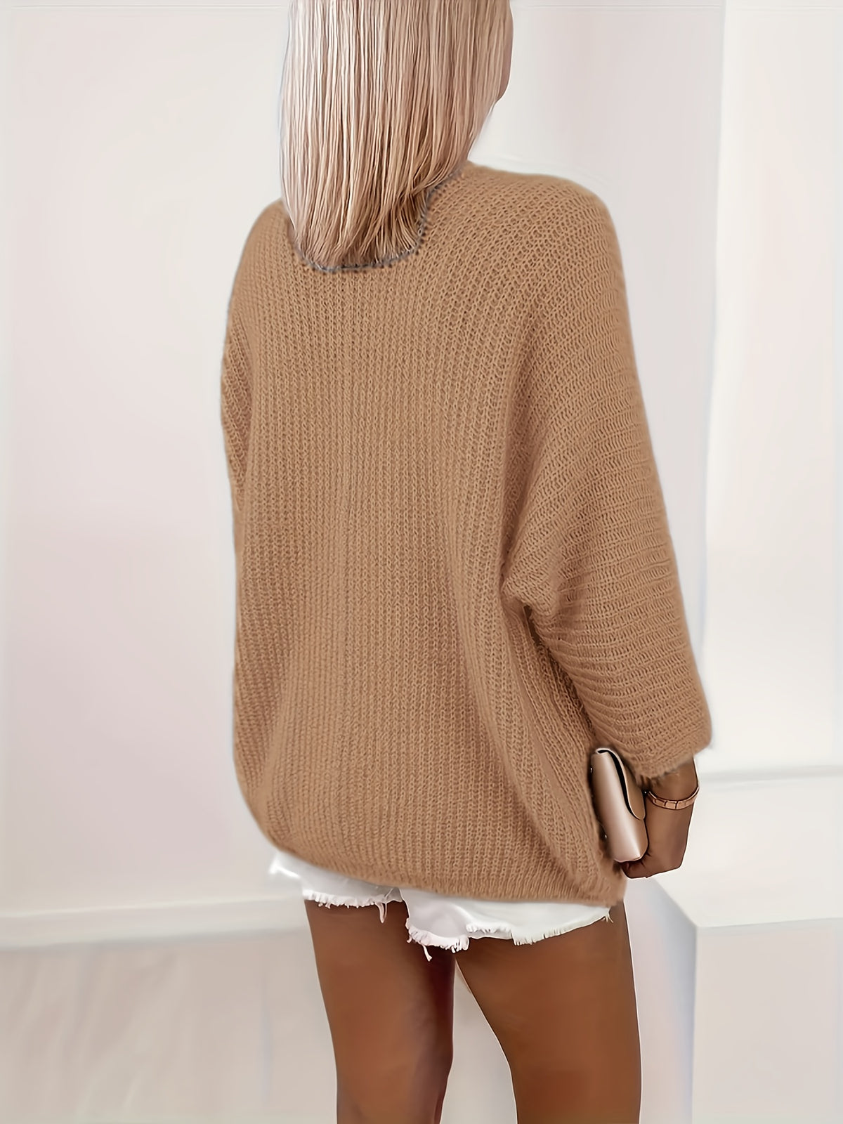Women's Autumn/Winter Fashion Casual Sweater Cardigan Elegant Solid Color Fabric Top - Camel