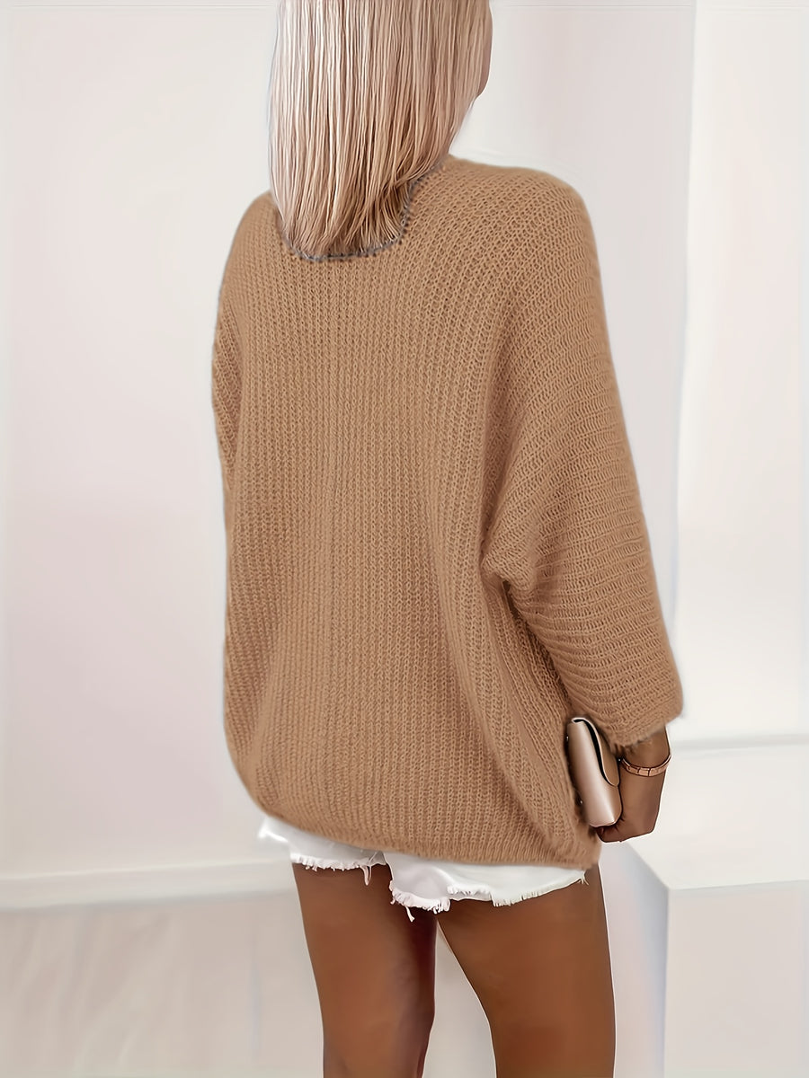 Women's Autumn/Winter Fashion Casual Sweater Cardigan Elegant Solid Color Fabric Top - Camel