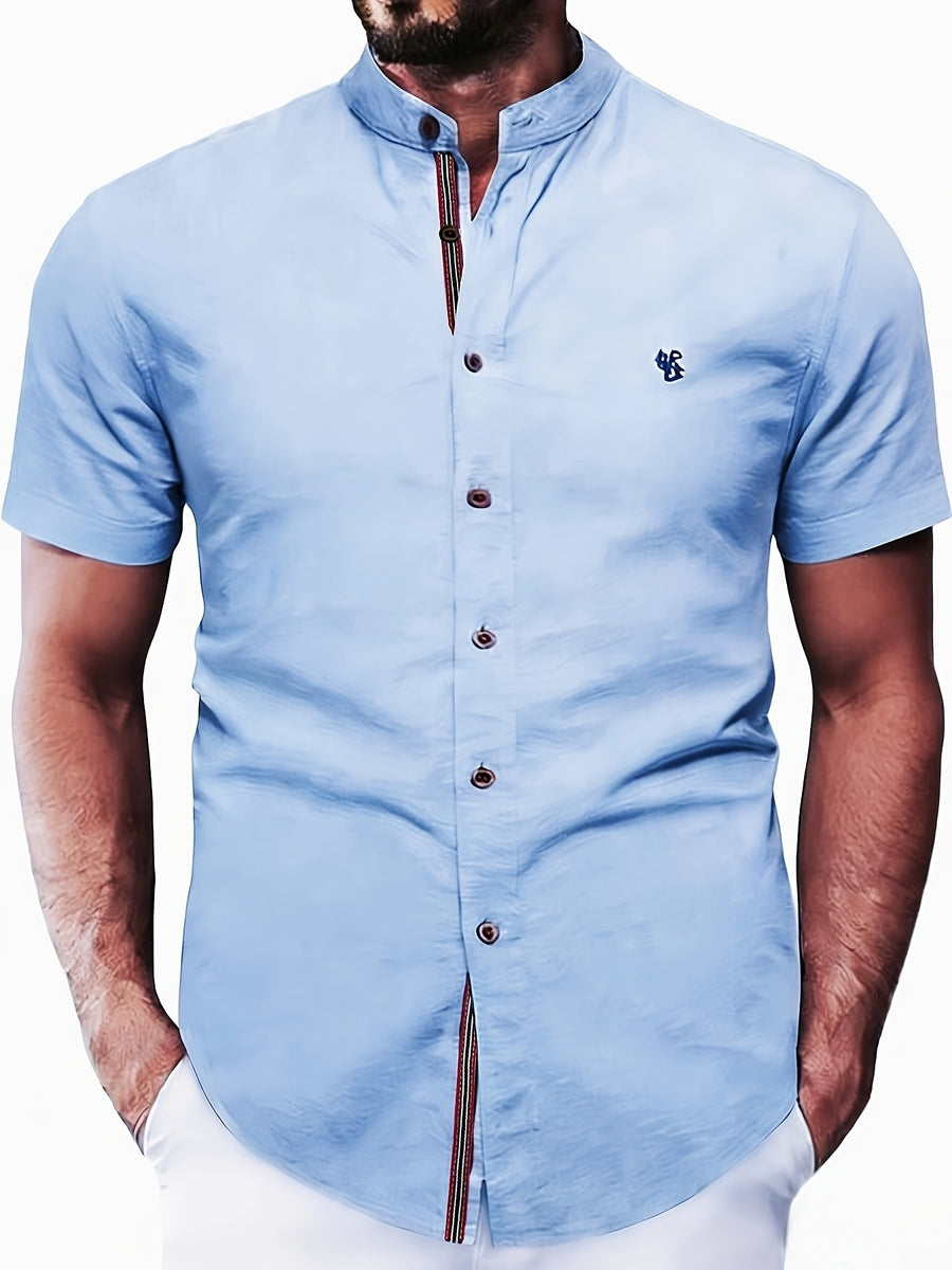 Men'S Stand-Up Collar Short Sleeve Shirt, High-Quality Solid Color Business Casual Top, Suitable for Spring Summer - Blue