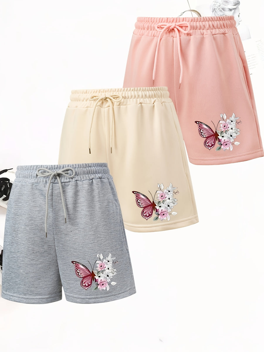 3pcs Women'S Casual Jogger Shorts - Floral Butterfly Print, Drawstring Loose Fit Summer Elegant Sports Shorts, Machine Washable - Gray + Pink + Apricot