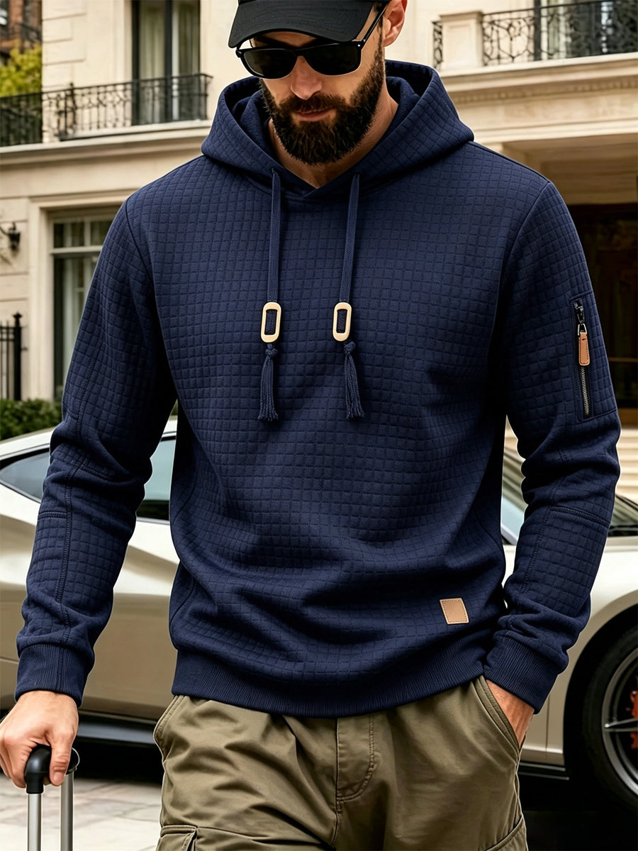2pcs Men'S Checkered Hooded Sweatshirts, Long Sleeve Pullover Tops, Regular Fit Knit Fabric, with Zippered Pockets, Soft Stretch Knit Sweater, Lightweight Casual, Suitable for Spring Fall Travel Streetwear - Black+Navy Blue