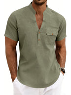 Men'S Pure Henley Shirt Spring And Summer Casual Breathable Sweat-Absorbent Linen Texture Short-Sleeved Half Placket Pocket Easy Solid Color Small Stand-Up Collar POLO Shirt, Sweat-Resistant - Olive Green