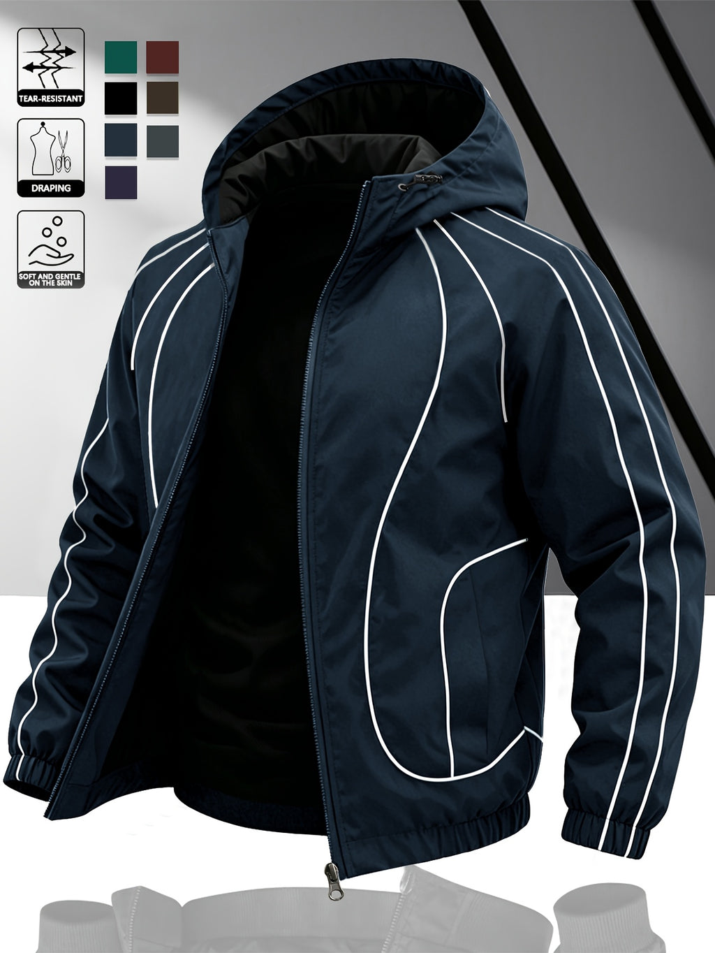 Men's Lightweight Hooded Zip-Up Jacket with White Drawstrings, Thin Style, Suitable for All Seasons, JK5689 - Deep Blue