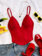 Sexy V-Neck Sleeveless Solid Color Cross Vest, Suitable for Dating, Bohemian Style, Vacation, Autumn Wear, Women'S Clothing, Retro Style, Holiday Theme, Tank Top - Red