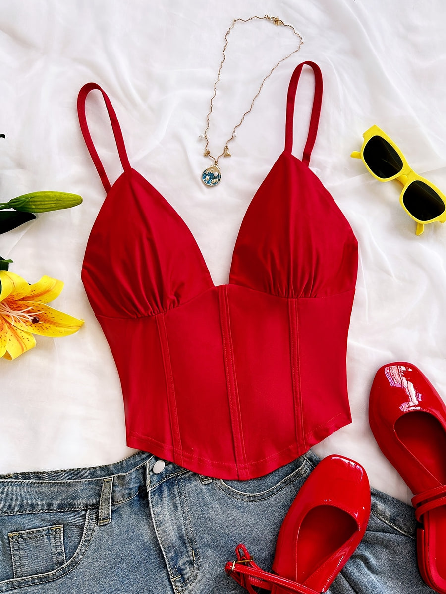 Sexy V-Neck Sleeveless Solid Color Cross Vest, Suitable for Dating, Bohemian Style, Vacation, Autumn Wear, Women'S Clothing, Retro Style, Holiday Theme, Tank Top - Red