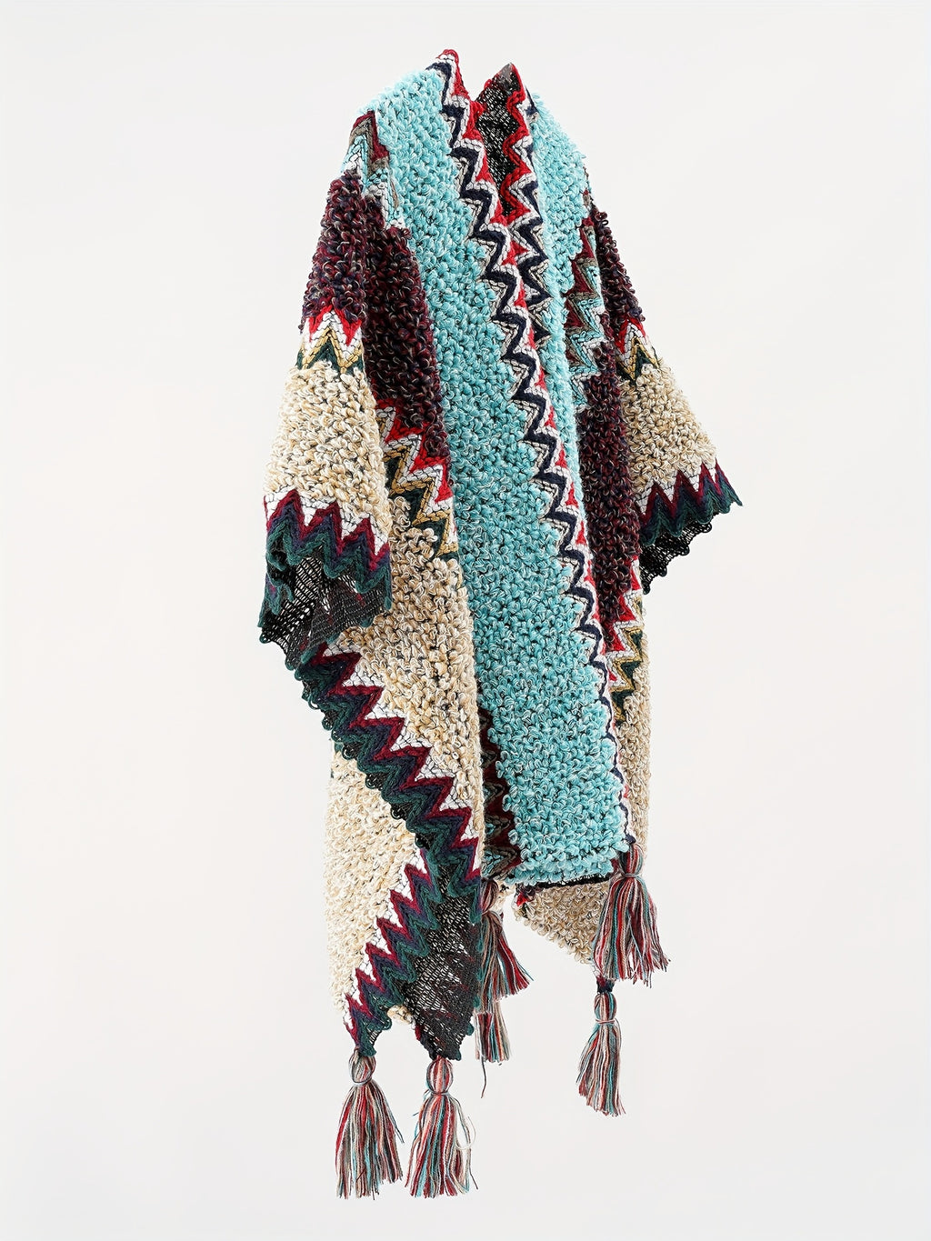 Tassel Striped Hollow-Out Airplane Blanket Cape Unisex Travel Coat - Lake Blue