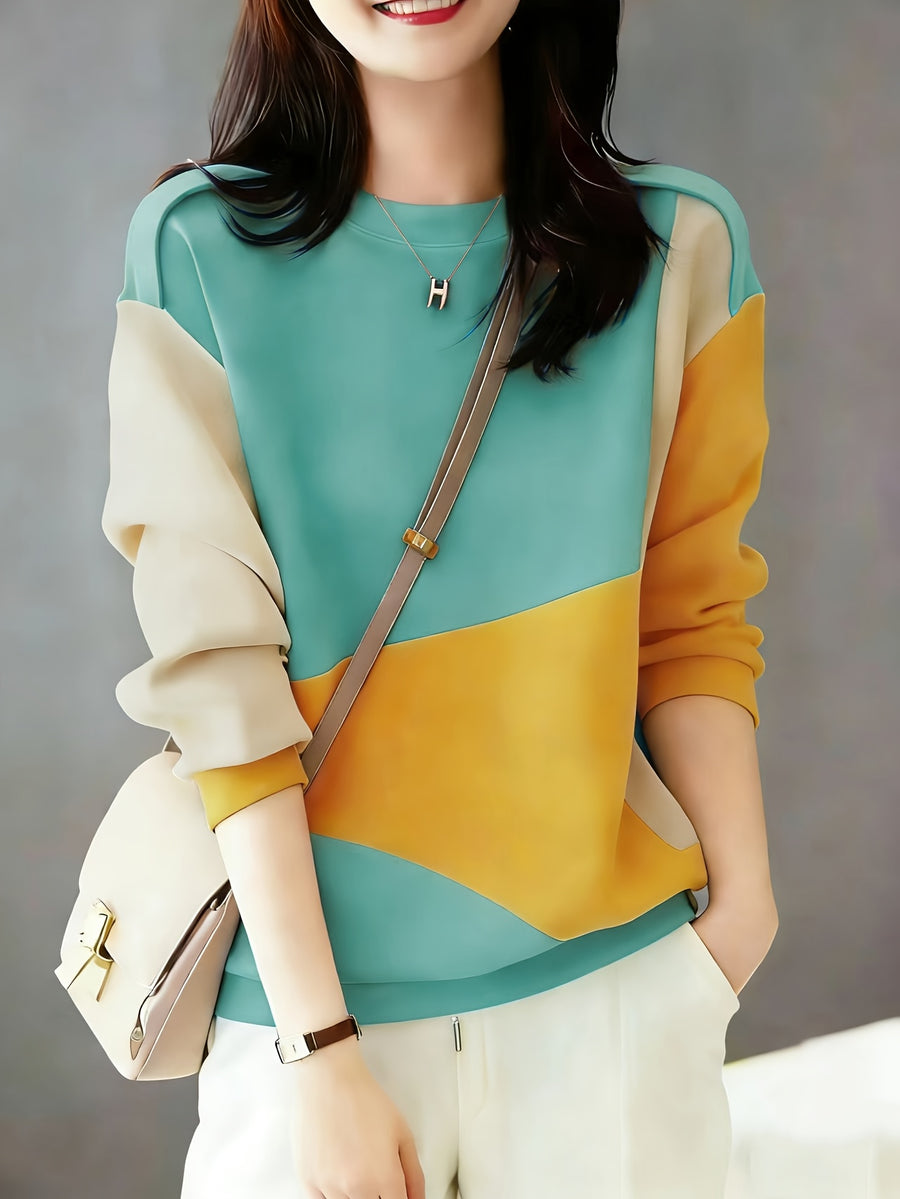 Fall Winter Women'S Fashion Color-Block Artistic Geometric Split Daily Casual Commute Sweatshirt - Cyan