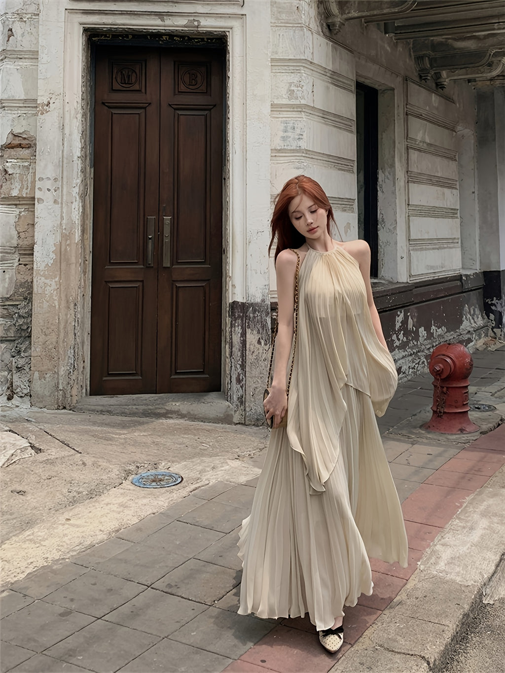 Elegant Solid Color Bohemian Party Pleated Backless Tie-Up Set Beach Spring - Apricot