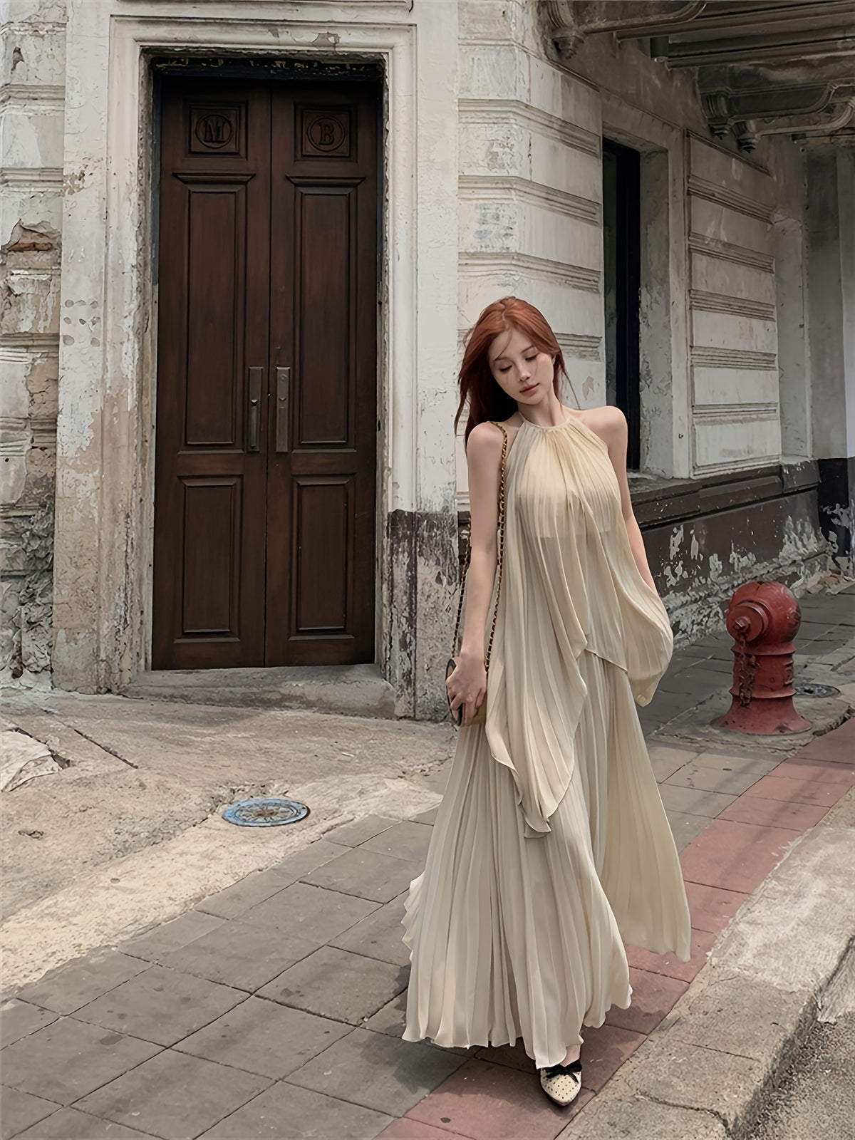 Elegant Solid Color Bohemian Party Pleated Backless Tie-Up Set Beach Spring - Apricot