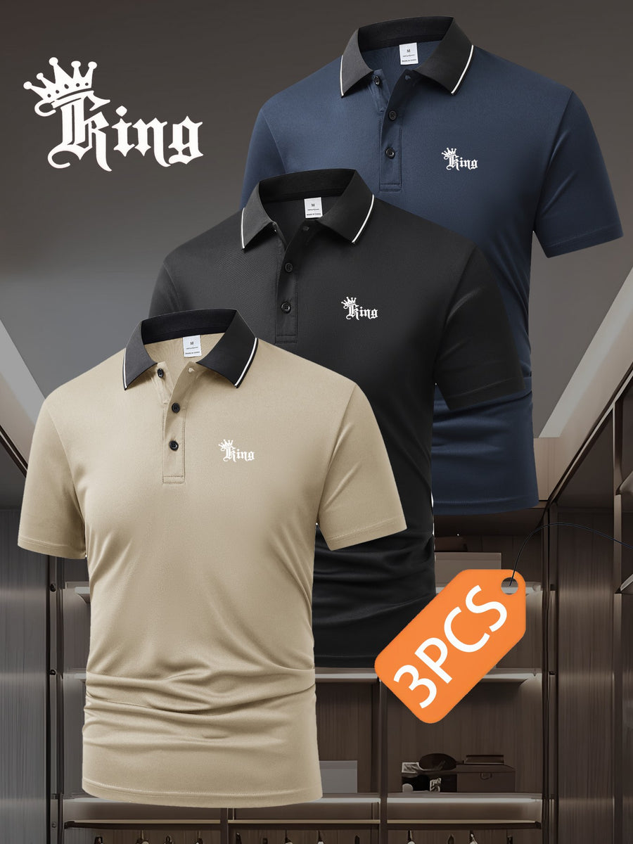 3pcs Set S20.32-2400.3 cmKING" Letter Logo New Men's Fashion Color-Block Quick-Dry Polo Shirt, Regular Fit Button Print, Golf Tennis Training Casual Sports Top - Black + Navy + Khaki