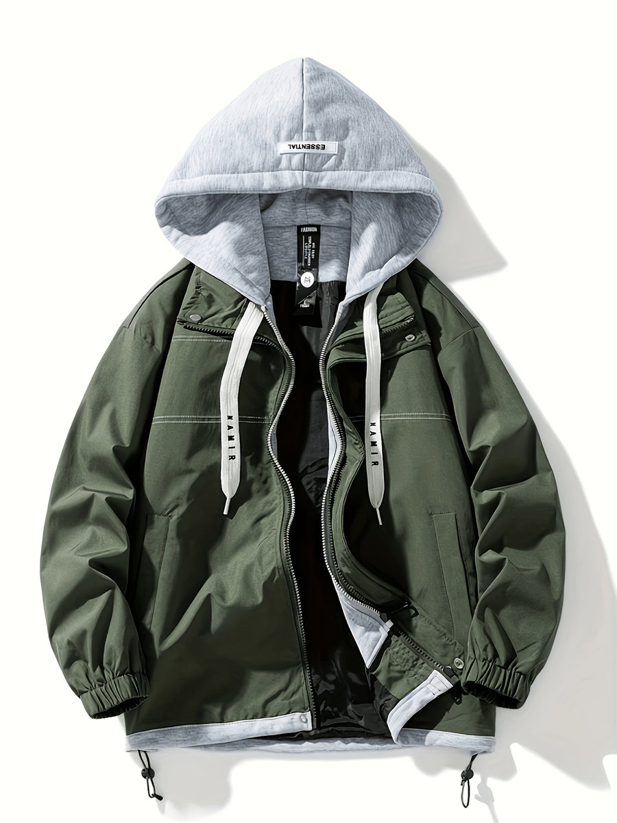 Autumn Winter Men'S New Faux Two-Piece Jacket with Hooded Trench Coat Cargo Jacket Couple Style Coat Casual Color-Block Design, Zipper with Drawstring And Pockets, All-Match Fashion - fern green