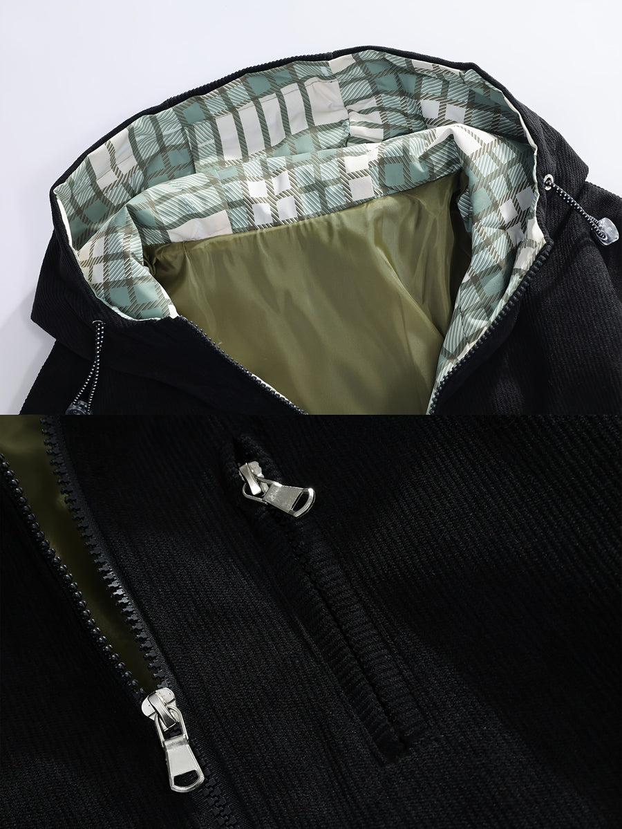 Corduroy Autumn Men'S Trendy Hooded Jacket Soft Fabric Casual Trench Coat Baseball Uniform Hooded Work Jacket 7758 - Black