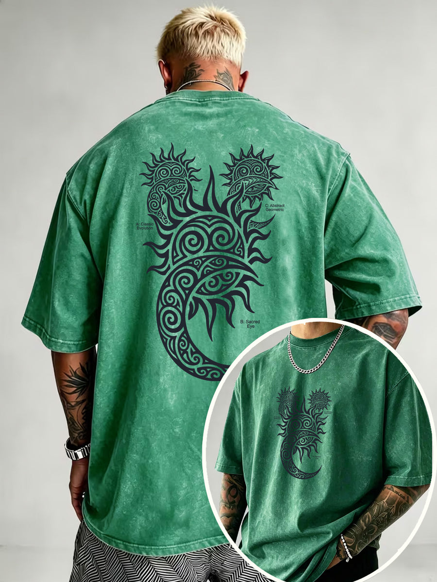 Washed Distressed Short Sleeve Loose Top, Tribal Totem Sun Vortex Trendy Print, Multi-Color Casual Matching, American Street Hip-Hop High Street Style, Daily Outing Commute Sports Fitness Couple Statement Versatile T-Shirt - Green