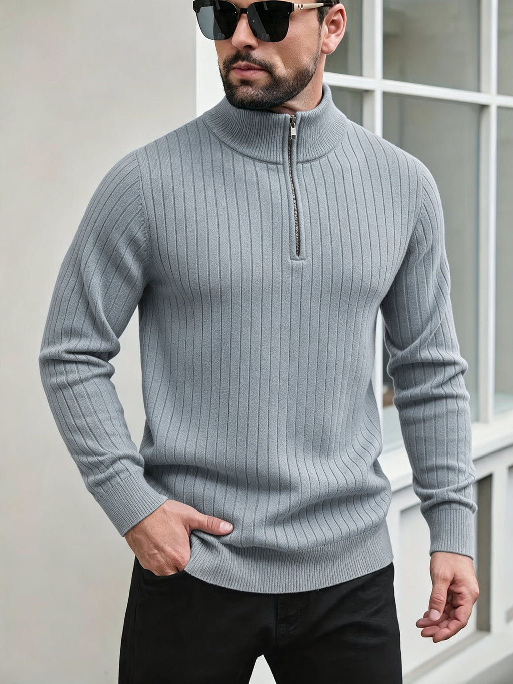 Men'S Stand Collar Half-Zip Sweater for Autumn And Winter, Versatile Long Sleeve Top, Warm And Comfortable Half-Placket Long Sleeve Sweatshirt, Classic Versatile Casual Pullover, Suitable for Daily Leisure And Street Strolls - Flecking Gray