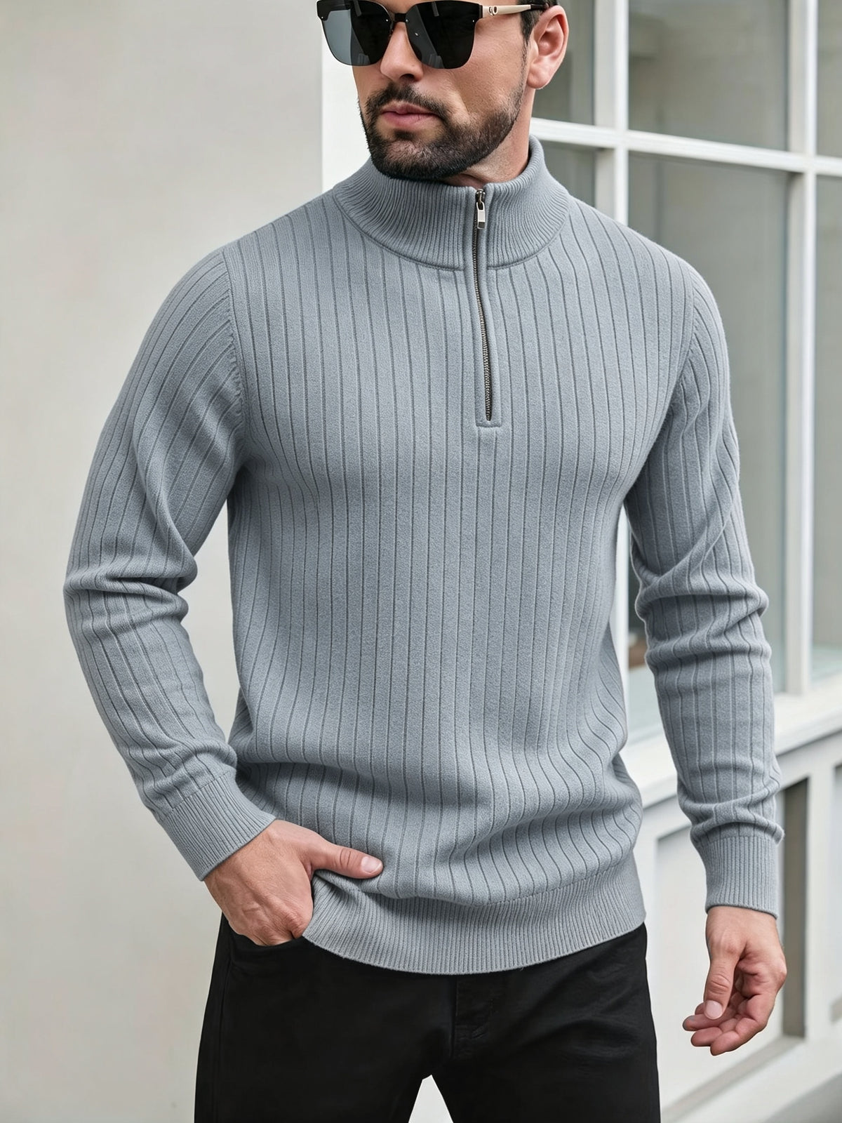 Men'S Stand Collar Half-Zip Sweater for Autumn And Winter, Versatile Long Sleeve Top, Warm And Comfortable Half-Placket Long Sleeve Sweatshirt, Classic Versatile Casual Pullover, Suitable for Daily Leisure And Street Strolls - Flecking Gray