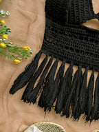 Spring Summer New Women'S Vacation Style Crochet Halter Top Solid Color Tassel Trim Hollow Out Beach Top, Bohemian Style, Date Outing, Valentine'S Day Gift, Music Festival Outfit, Mother'S Day, Beach Vacation [ASD1] - Black