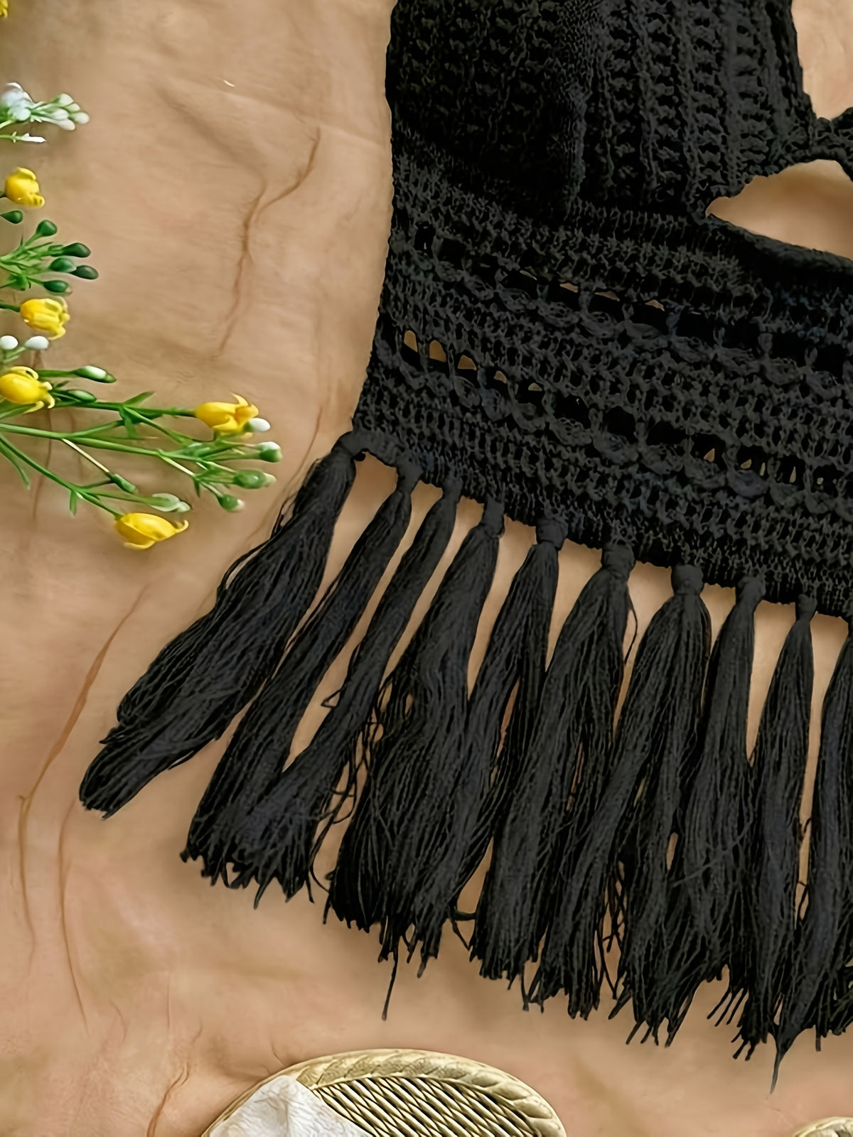 Spring Summer New Women'S Vacation Style Crochet Halter Top Solid Color Tassel Trim Hollow Out Beach Top, Bohemian Style, Date Outing, Valentine'S Day Gift, Music Festival Outfit, Mother'S Day, Beach Vacation [ASD1] - Black