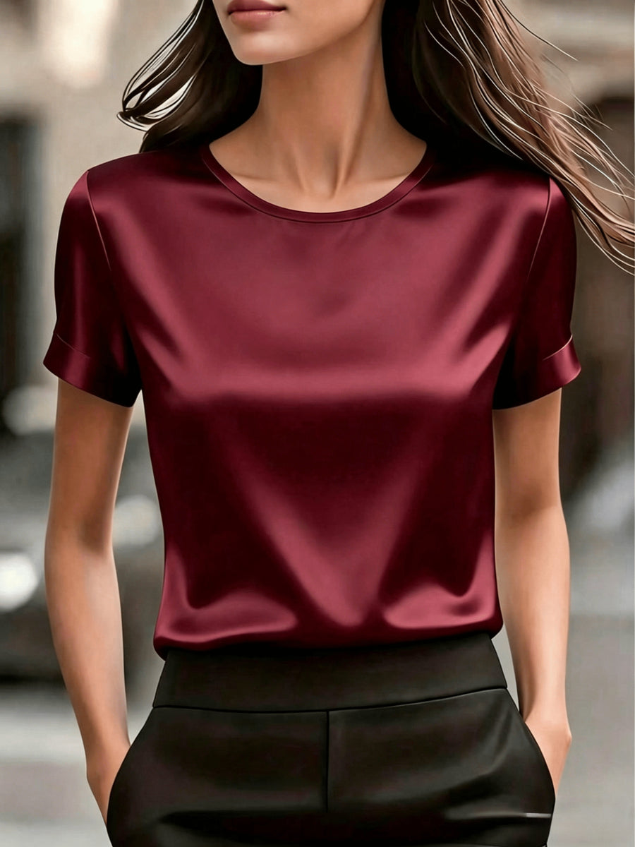 Women's Simple Round Neck Short Sleeve T-Shirt - Satin Texture, Ideal for Mother's Day & Independence Day Commute, Suitable for Spring & Summer Office & Casual Looks, Luxury Style Outfit - Red